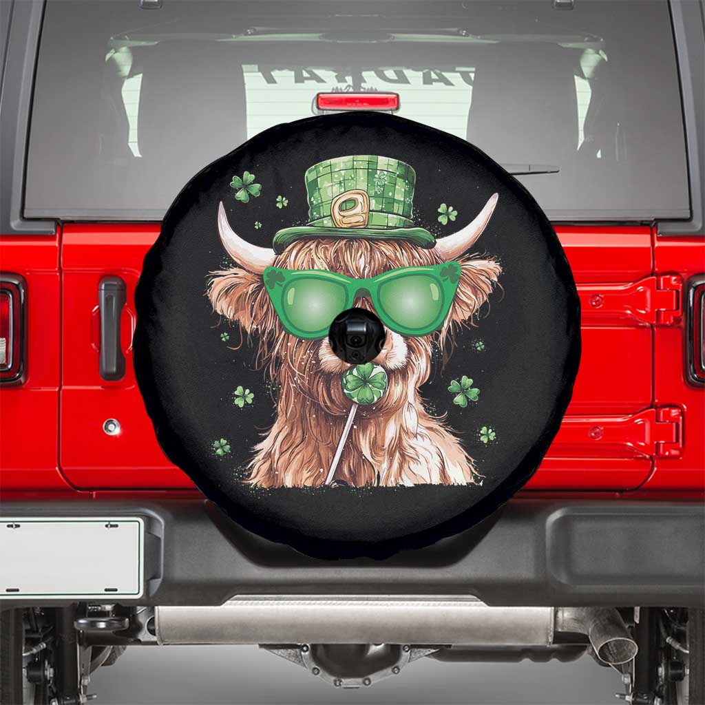 Funny St Patrick's Day Highland Cow Shamrock Spare Tire Cover TS11 Black Print Your Wear