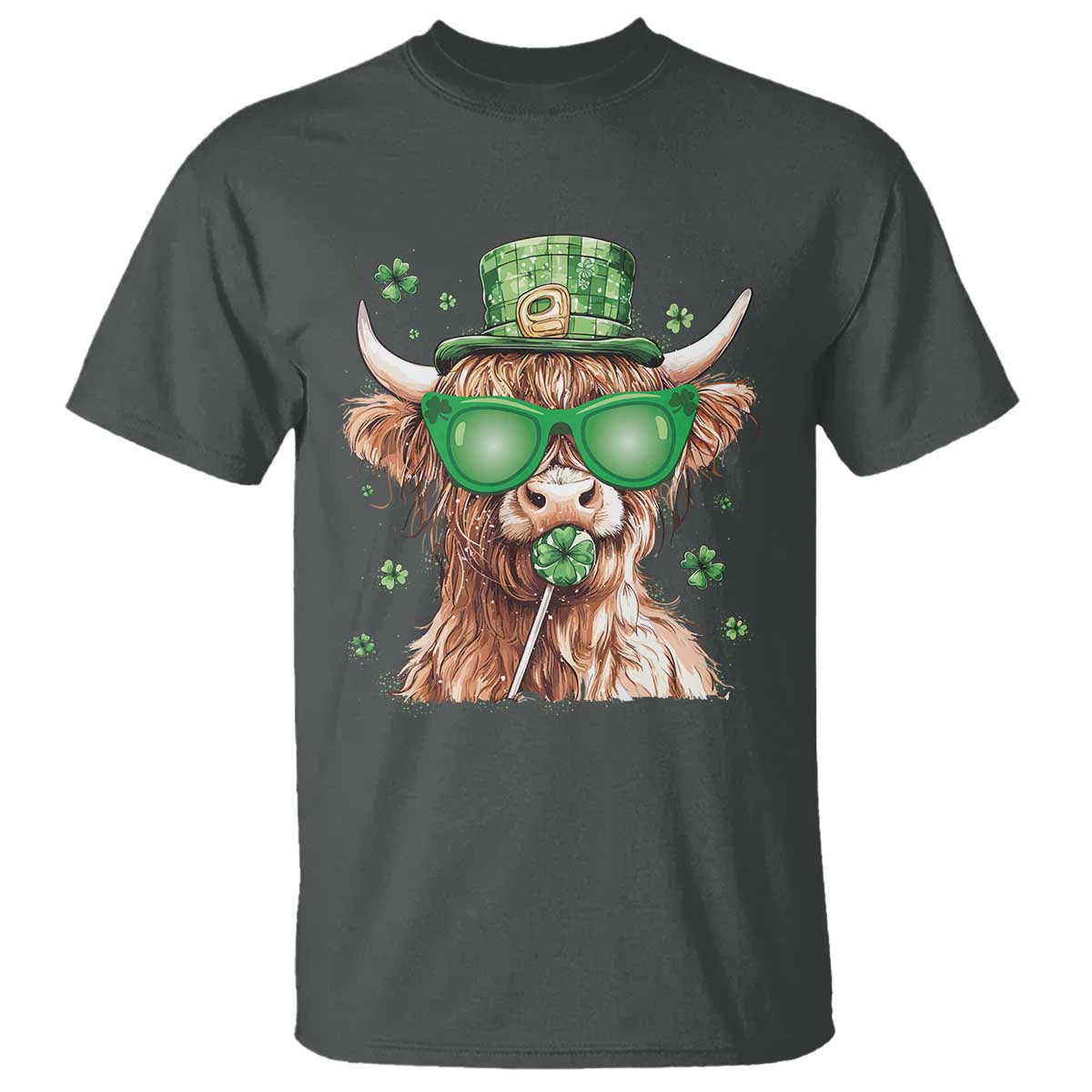 Funny St Patrick's Day Highland Cow Shamrock T Shirt TS11 Dark Heather Print Your Wear