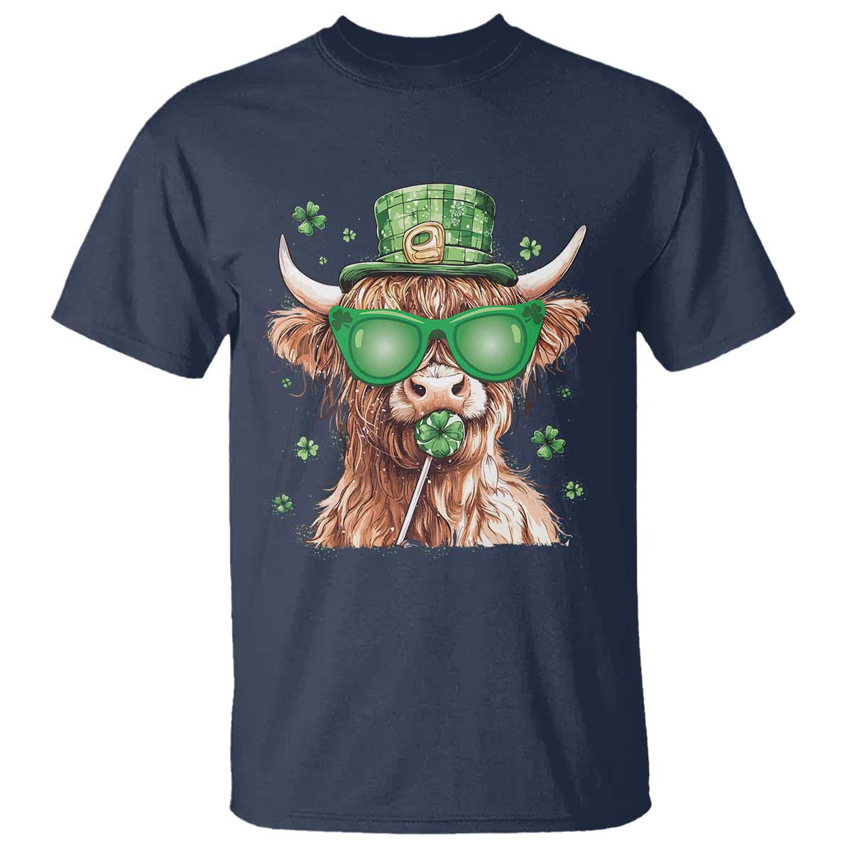 Funny St Patrick's Day Highland Cow Shamrock T Shirt TS11 Navy Print Your Wear