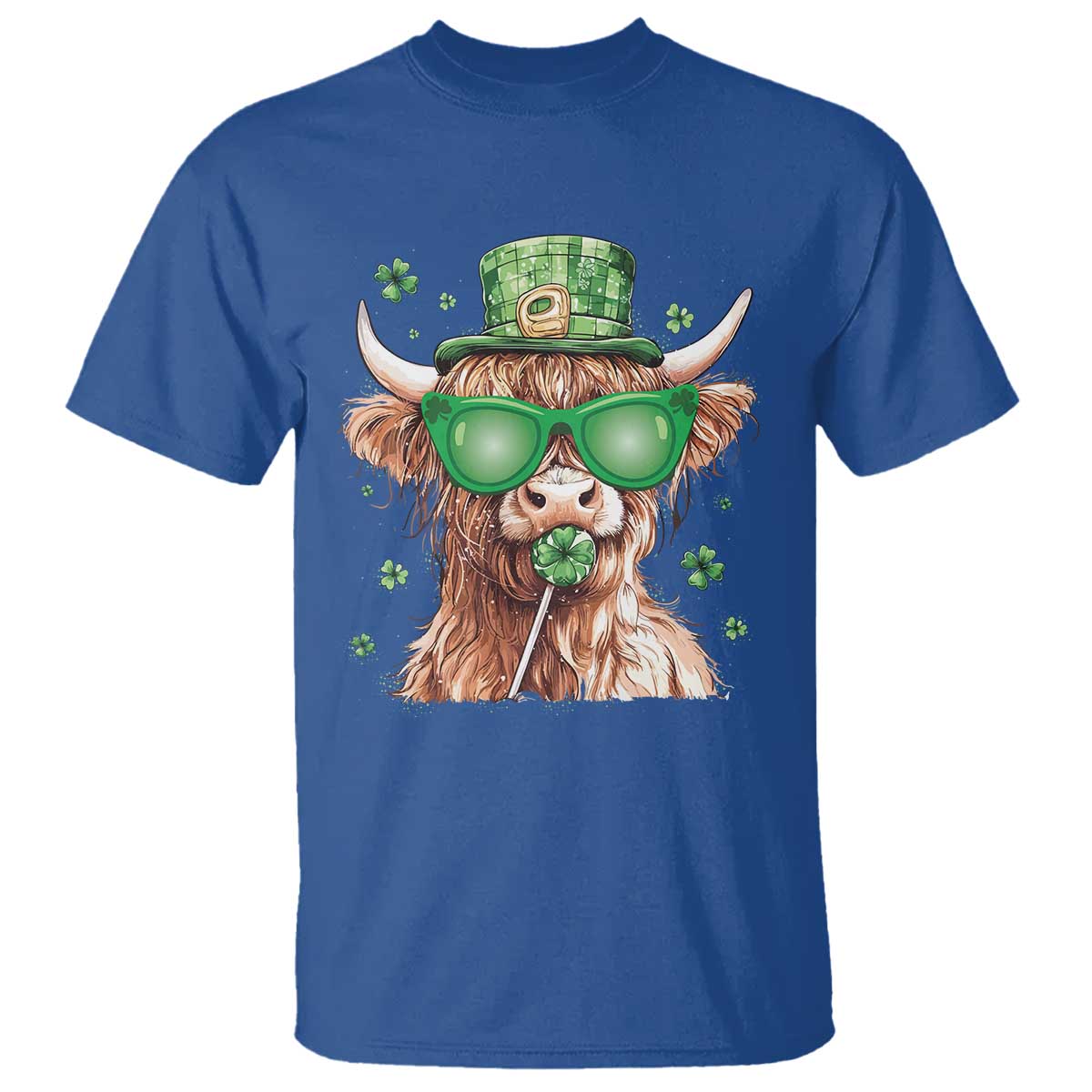 Funny St Patrick's Day Highland Cow Shamrock T Shirt TS11 Royal Blue Print Your Wear