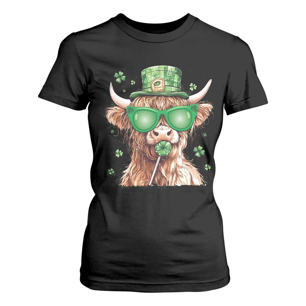 Funny St Patrick's Day Highland Cow Shamrock T Shirt For Women TS11 Black Print Your Wear