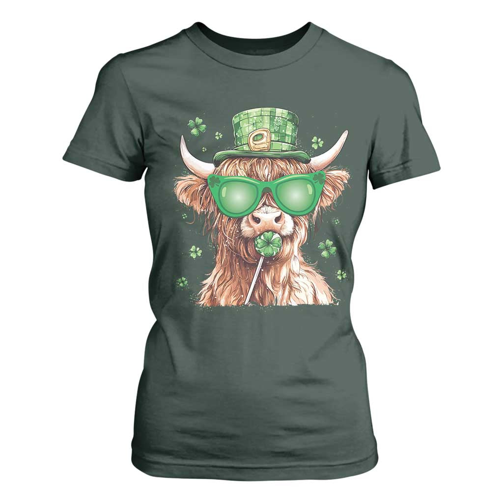 Funny St Patrick's Day Highland Cow Shamrock T Shirt For Women TS11 Dark Forest Green Print Your Wear