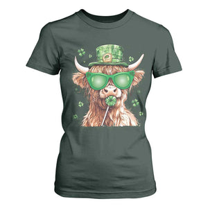 Funny St Patrick's Day Highland Cow Shamrock T Shirt For Women TS11 Dark Forest Green Print Your Wear