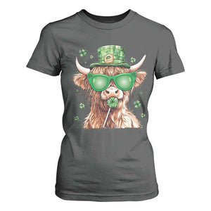 Funny St Patrick's Day Highland Cow Shamrock T Shirt For Women TS11 Dark Heather Print Your Wear