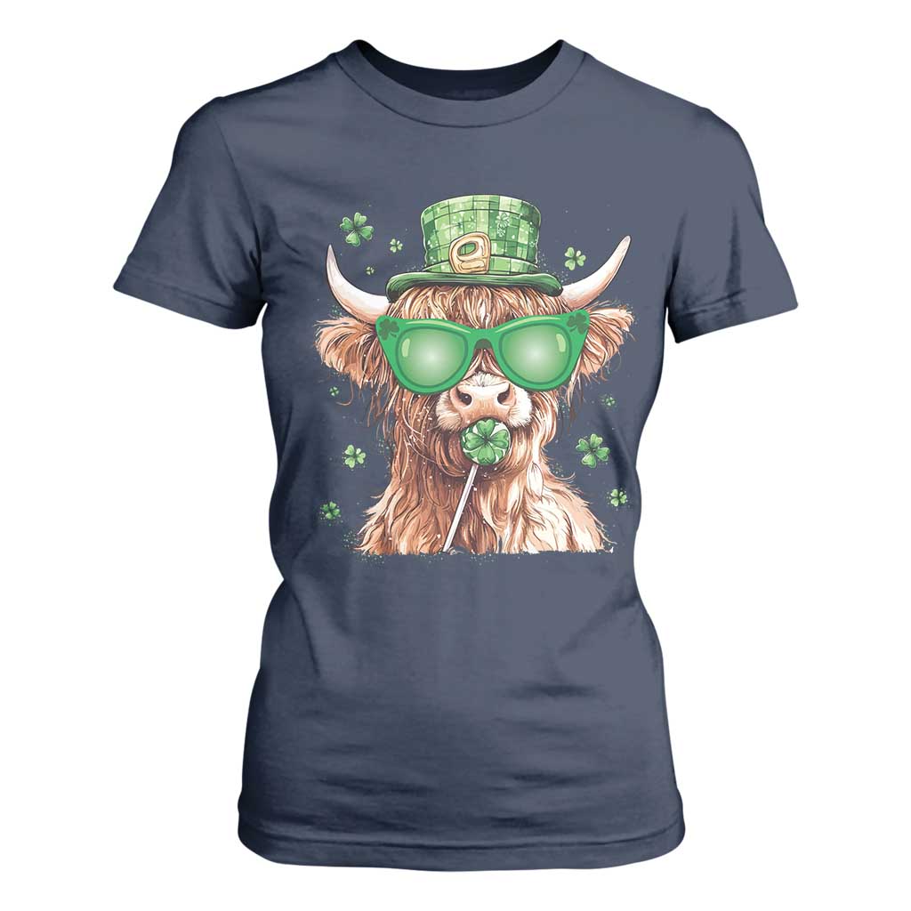 Funny St Patrick's Day Highland Cow Shamrock T Shirt For Women TS11 Navy Print Your Wear