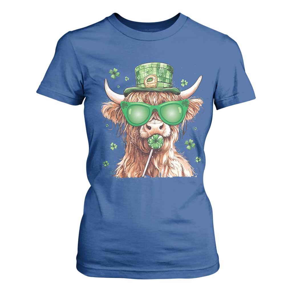 Funny St Patrick's Day Highland Cow Shamrock T Shirt For Women TS11 Royal Blue Print Your Wear