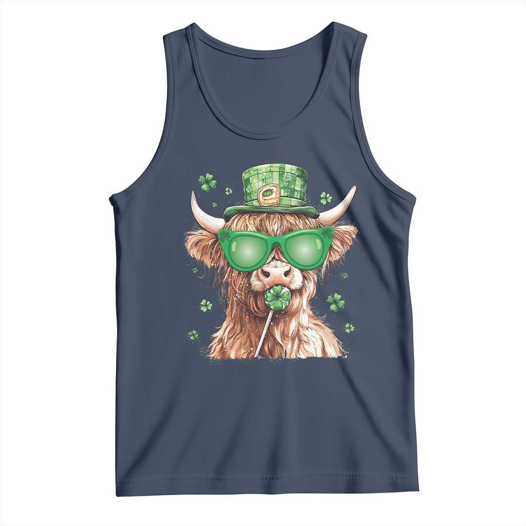 Funny St Patrick's Day Highland Cow Shamrock Tank Top TS11 Navy Print Your Wear