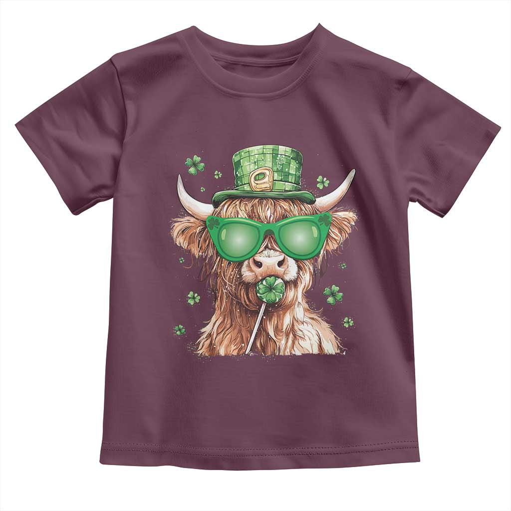 Funny St Patrick's Day Highland Cow Shamrock Toddler T Shirt TS11 Maroon Print Your Wear