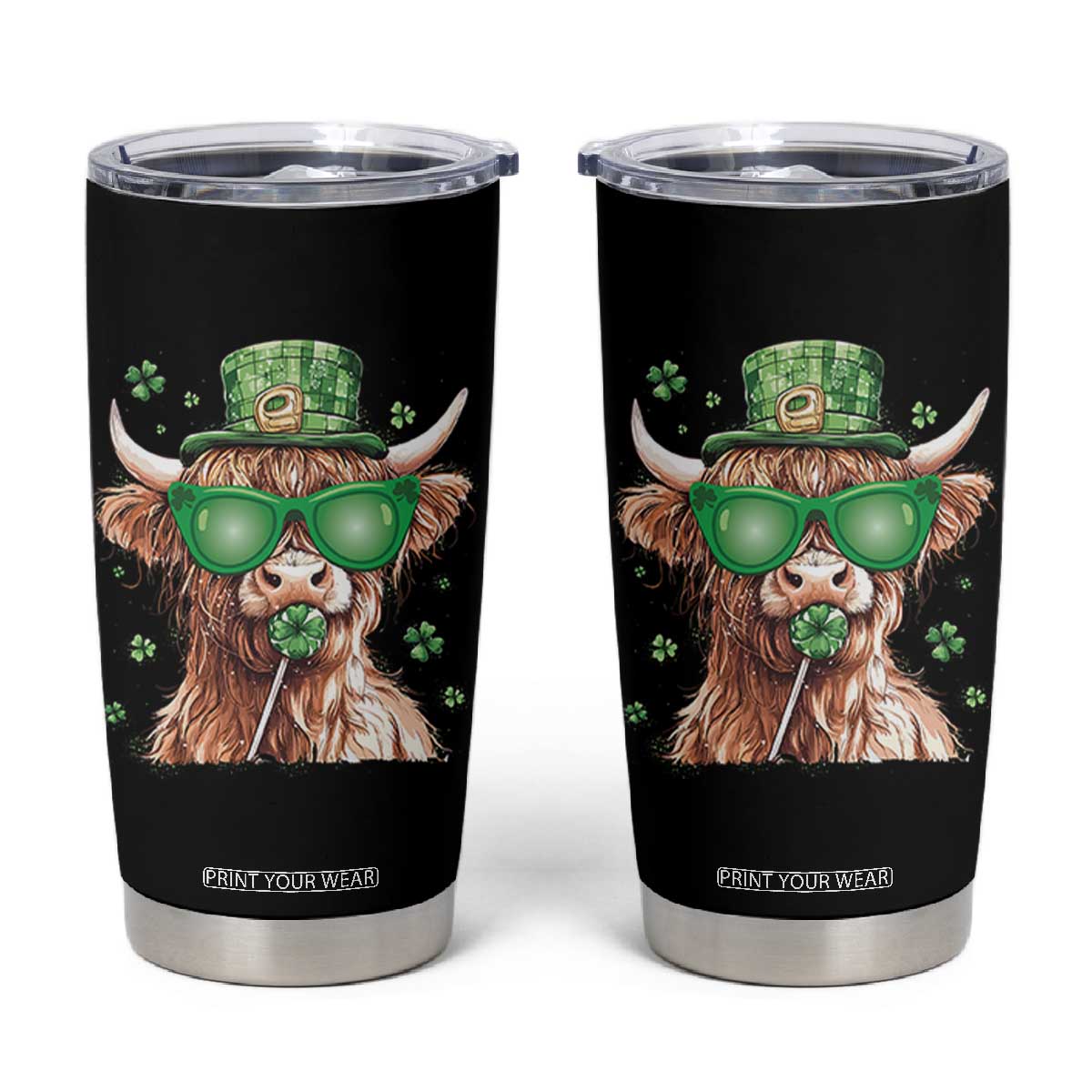 Funny St Patrick's Day Highland Cow Shamrock Tumbler Cup TS11 Black Print Your Wear