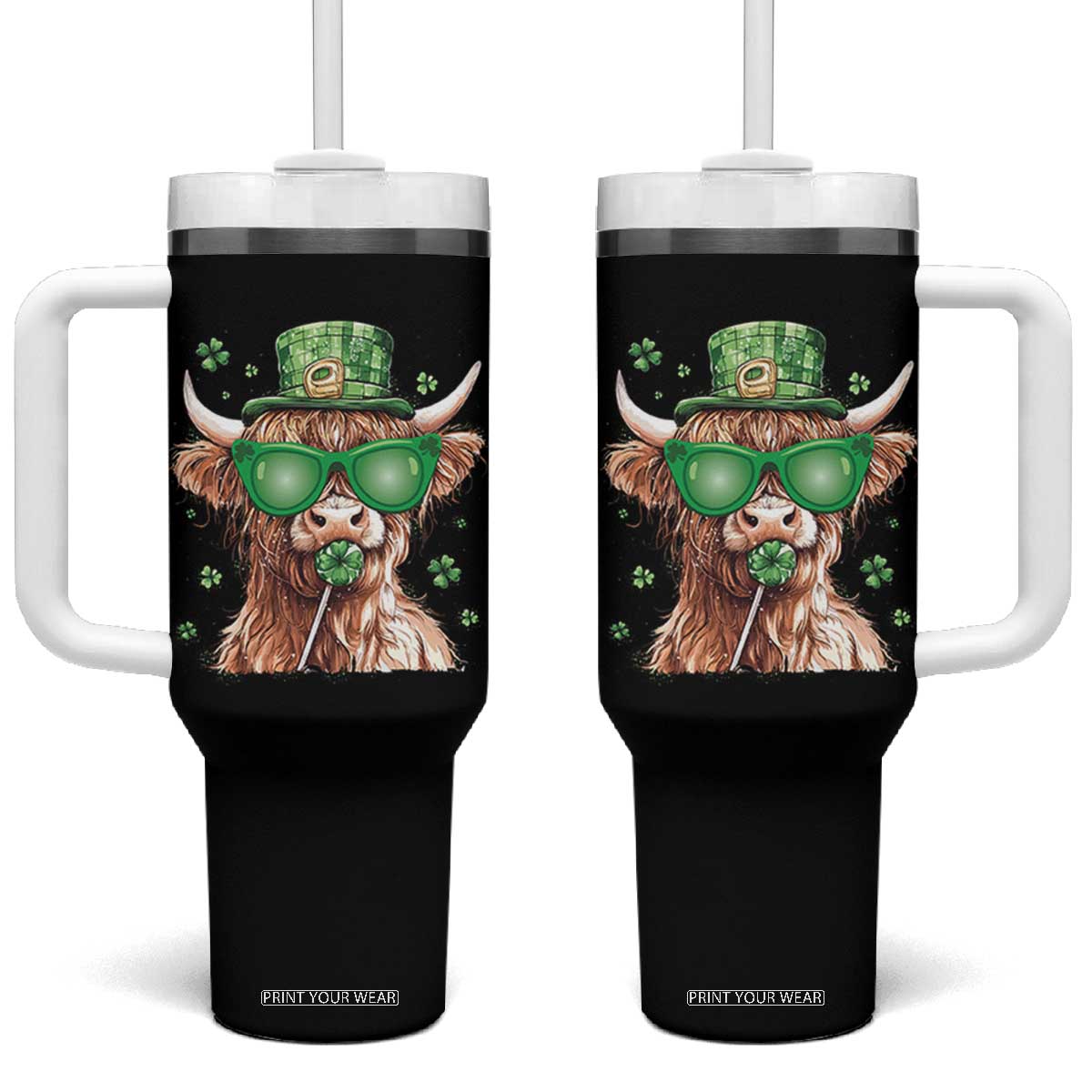 Funny St Patrick's Day Highland Cow Shamrock Tumbler With Handle TS11 One Size: 40 oz Black Print Your Wear