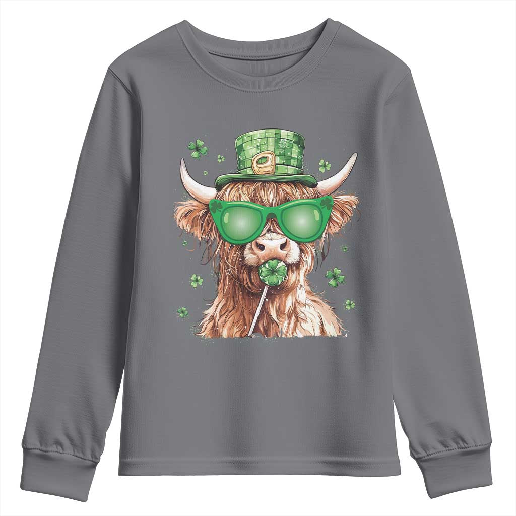 Funny St Patrick's Day Highland Cow Shamrock Youth Sweatshirt TS11 Charcoal Print Your Wear
