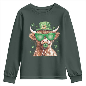 Funny St Patrick's Day Highland Cow Shamrock Youth Sweatshirt TS11 Dark Forest Green Print Your Wear
