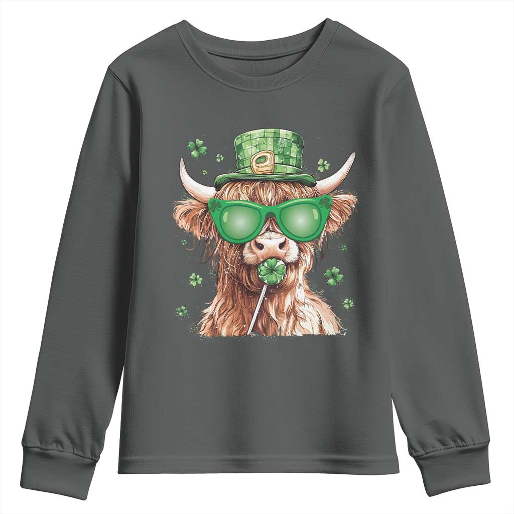 Funny St Patrick's Day Highland Cow Shamrock Youth Sweatshirt TS11 Dark Heather Print Your Wear