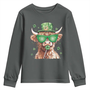 Funny St Patrick's Day Highland Cow Shamrock Youth Sweatshirt TS11 Dark Heather Print Your Wear