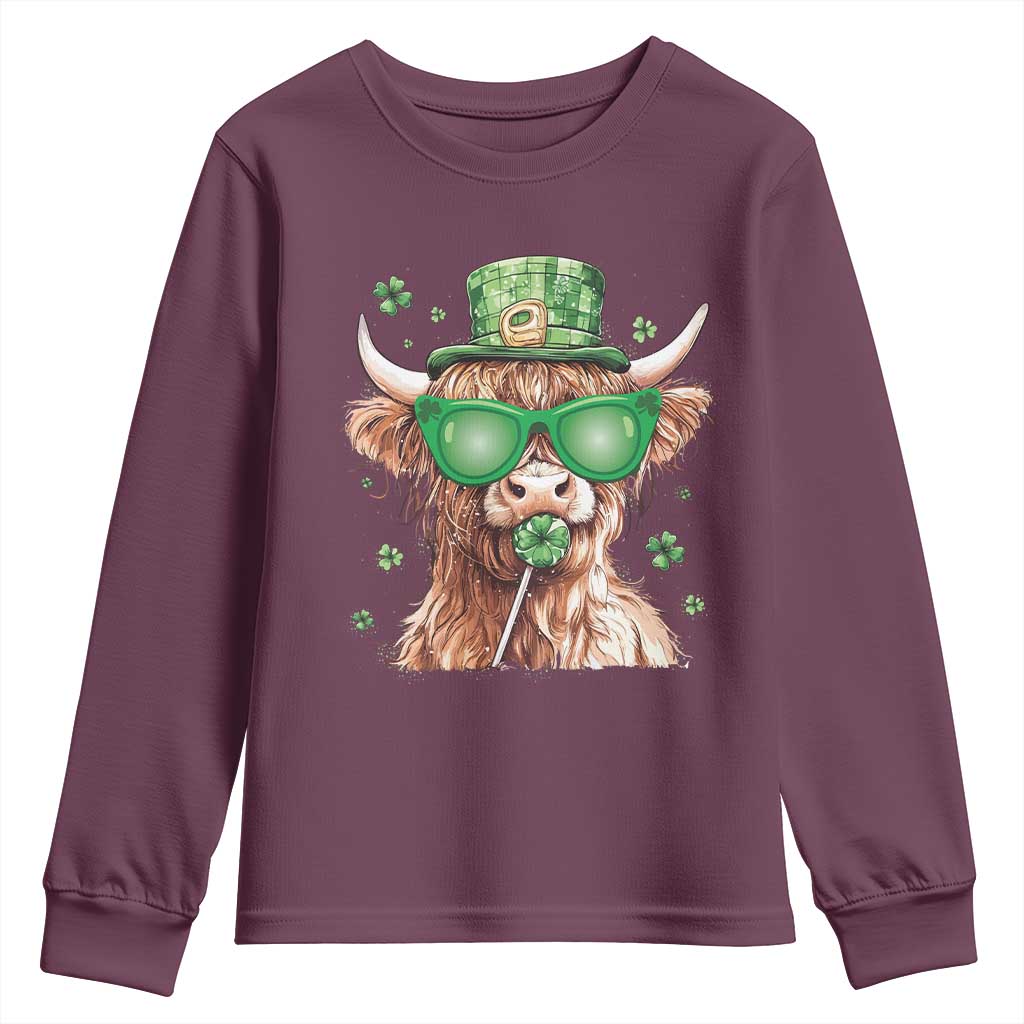 Funny St Patrick's Day Highland Cow Shamrock Youth Sweatshirt TS11 Maroon Print Your Wear