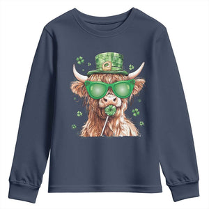 Funny St Patrick's Day Highland Cow Shamrock Youth Sweatshirt TS11 Navy Print Your Wear