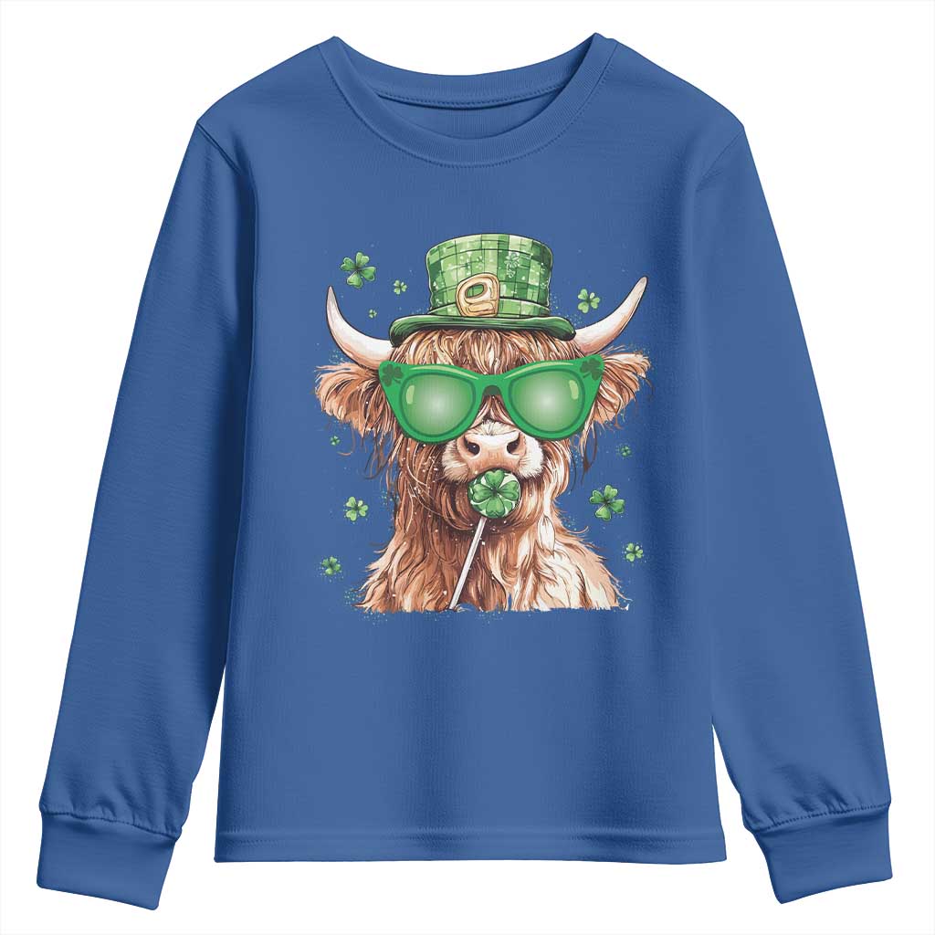 Funny St Patrick's Day Highland Cow Shamrock Youth Sweatshirt TS11 Royal Blue Print Your Wear