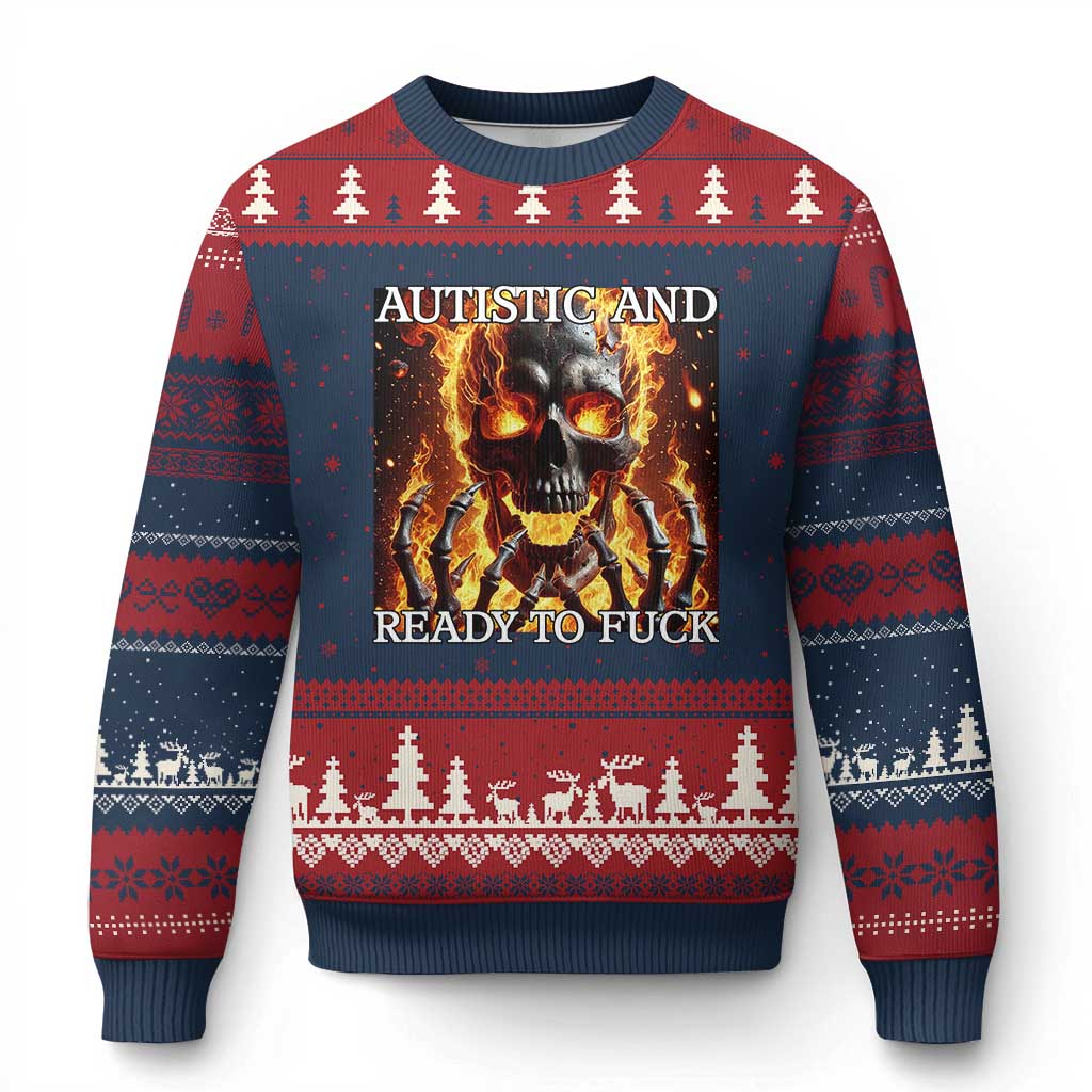 Funny Autistic Fire Skeleton Ugly Christmas Sweater Autism Humor Joke TS11 Navy Red Print Your Wear