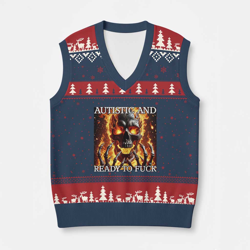Funny Autistic Fire Skeleton V-Neck Knit Sweater Vest Autism Humor Joke TS11 Navy Red Print Your Wear
