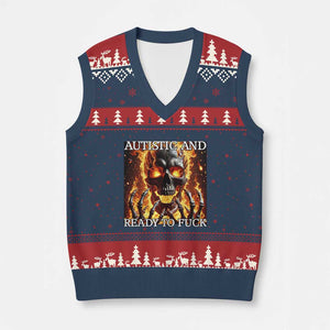 Funny Autistic Fire Skeleton V-Neck Knit Sweater Vest Autism Humor Joke TS11 Navy Red Print Your Wear