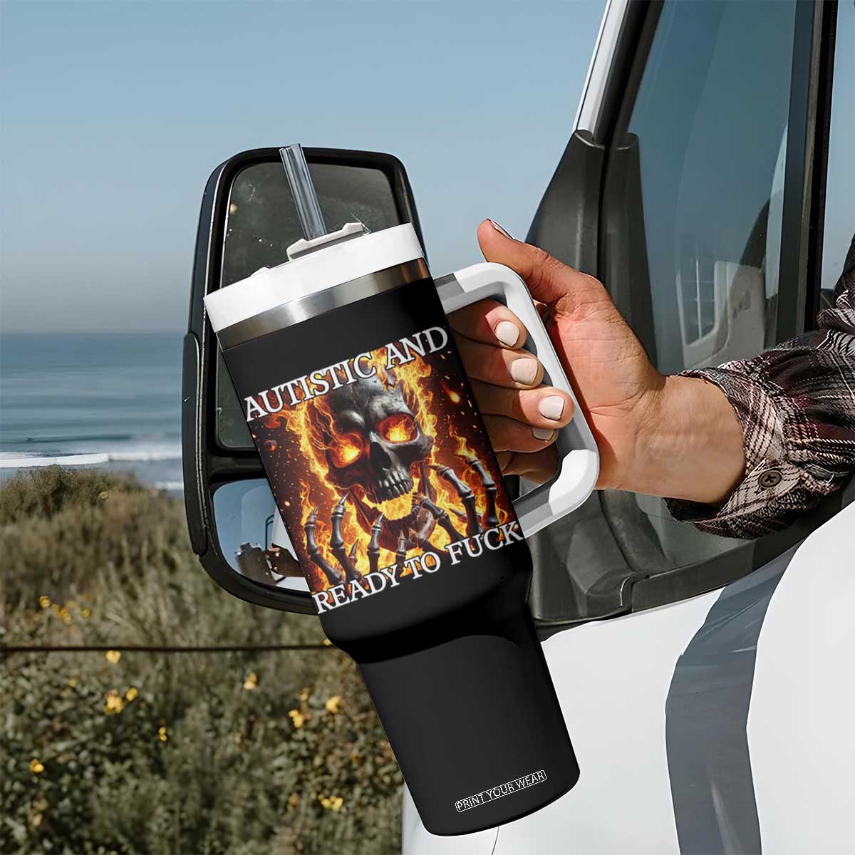 Funny Autistic Fire Skeleton Tumbler With Handle Autism Humor Joke TS11 Print Your Wear