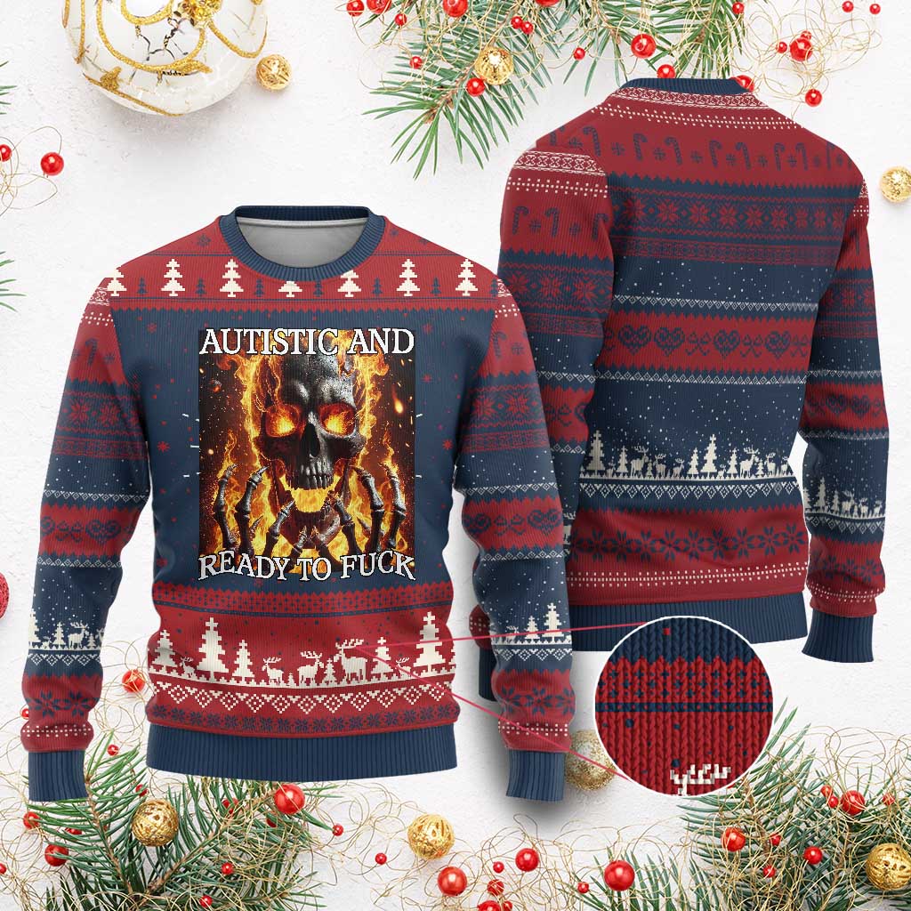 Funny Autistic Fire Skeleton Knit Sweatshirt Autism Humor Joke TS11 Burgundy Print Your Wear