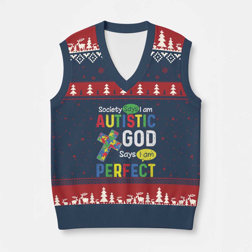 Society Says I Am Autistic God Says I Am Perfect V-Neck Knit Sweater Vest Autism Awareness TS11 Navy Red Print Your Wear