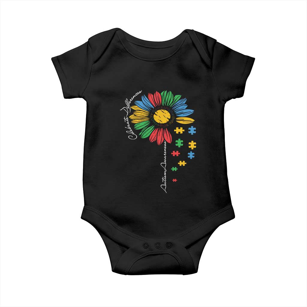 Autism Awareness Celebrate Differences Baby Onesie Sunflower Puzzle Pieces TS11 Black Print Your Wear