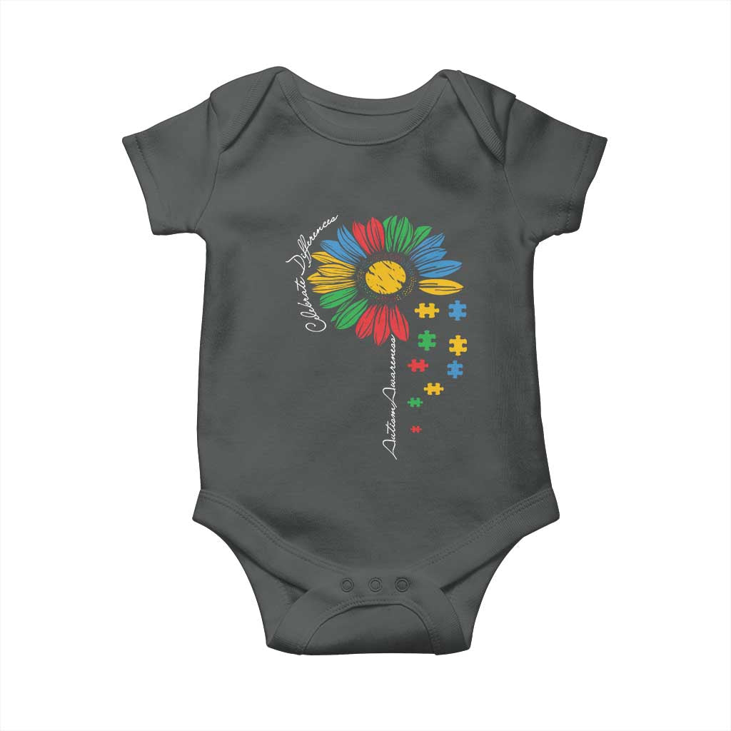 Autism Awareness Celebrate Differences Baby Onesie Sunflower Puzzle Pieces TS11 Dark Heather Print Your Wear