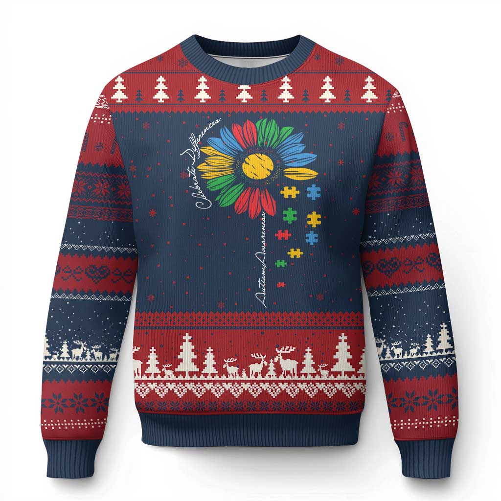 Autism Awareness Celebrate Differences Ugly Christmas Sweater Sunflower Puzzle Pieces TS11 Navy Red Print Your Wear