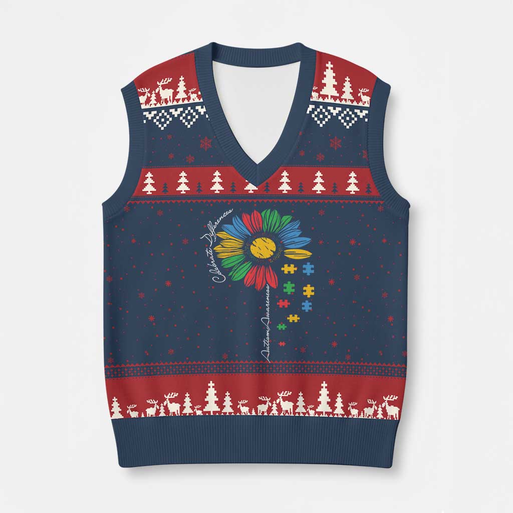 Autism Awareness Celebrate Differences V-Neck Knit Sweater Vest Sunflower Puzzle Pieces TS11 Navy Red Print Your Wear