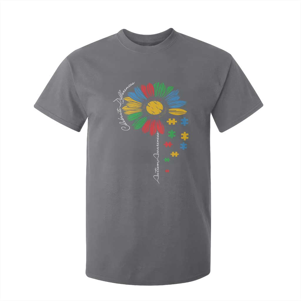 Autism Awareness Celebrate Differences T Shirt For Kid Sunflower Puzzle Pieces TS11 Charcoal Print Your Wear