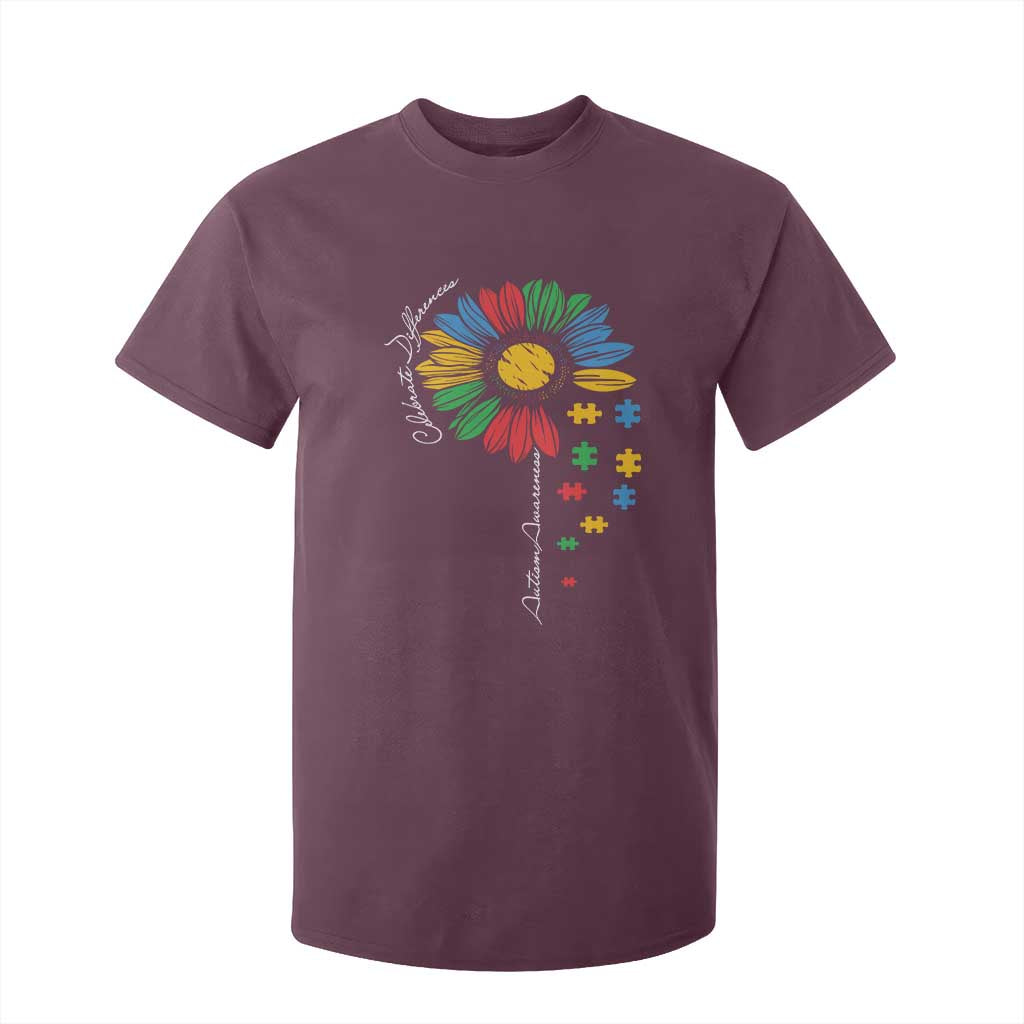 Autism Awareness Celebrate Differences T Shirt For Kid Sunflower Puzzle Pieces TS11 Maroon Print Your Wear