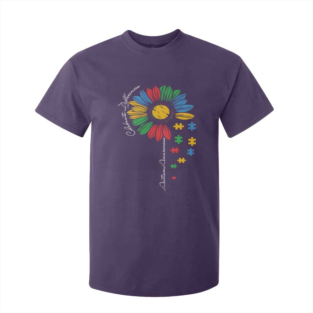 Autism Awareness Celebrate Differences T Shirt For Kid Sunflower Puzzle Pieces TS11 Purple Print Your Wear