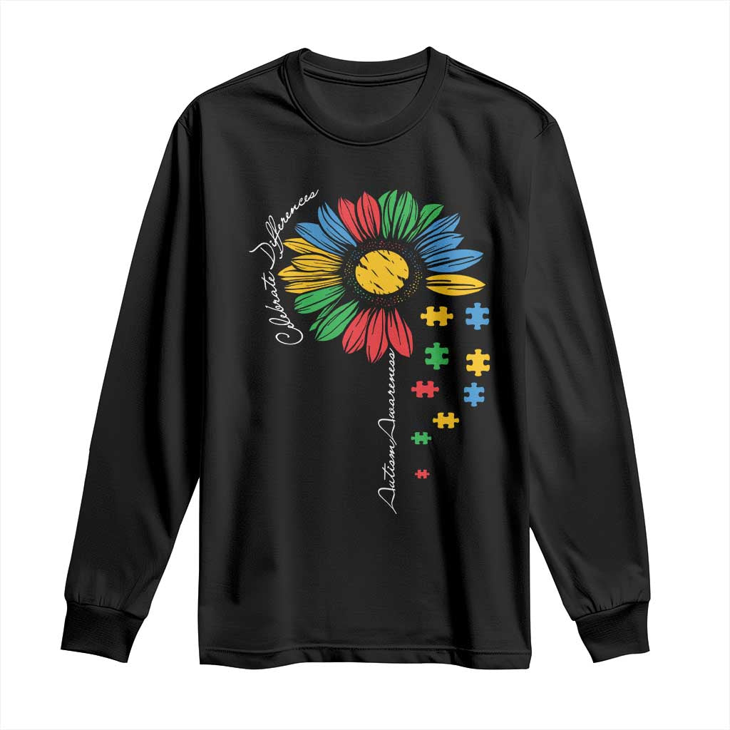 Autism Awareness Celebrate Differences Long Sleeve Shirt Sunflower Puzzle Pieces TS11 Black Print Your Wear