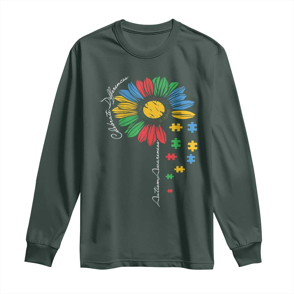 Autism Awareness Celebrate Differences Long Sleeve Shirt Sunflower Puzzle Pieces TS11 Dark Forest Green Print Your Wear