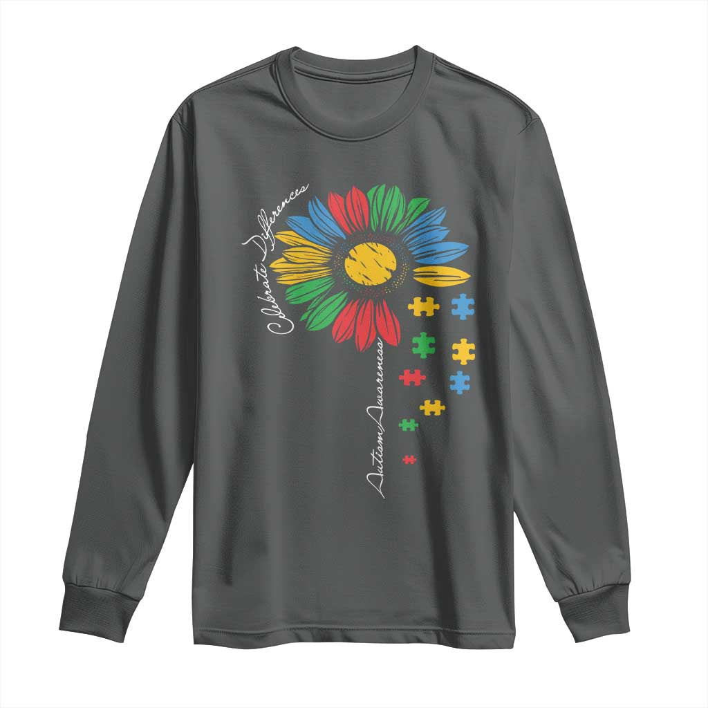 Autism Awareness Celebrate Differences Long Sleeve Shirt Sunflower Puzzle Pieces TS11 Dark Heather Print Your Wear