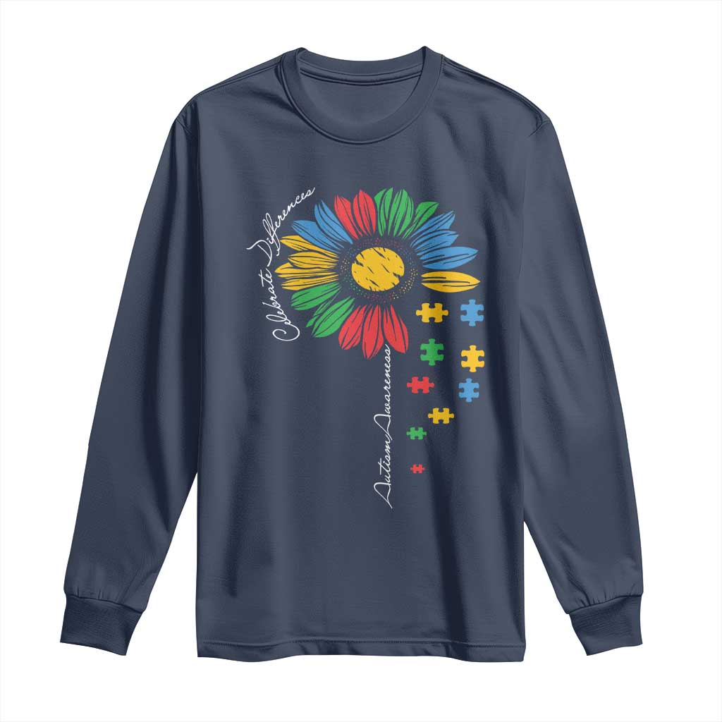 Autism Awareness Celebrate Differences Long Sleeve Shirt Sunflower Puzzle Pieces TS11 Navy Print Your Wear