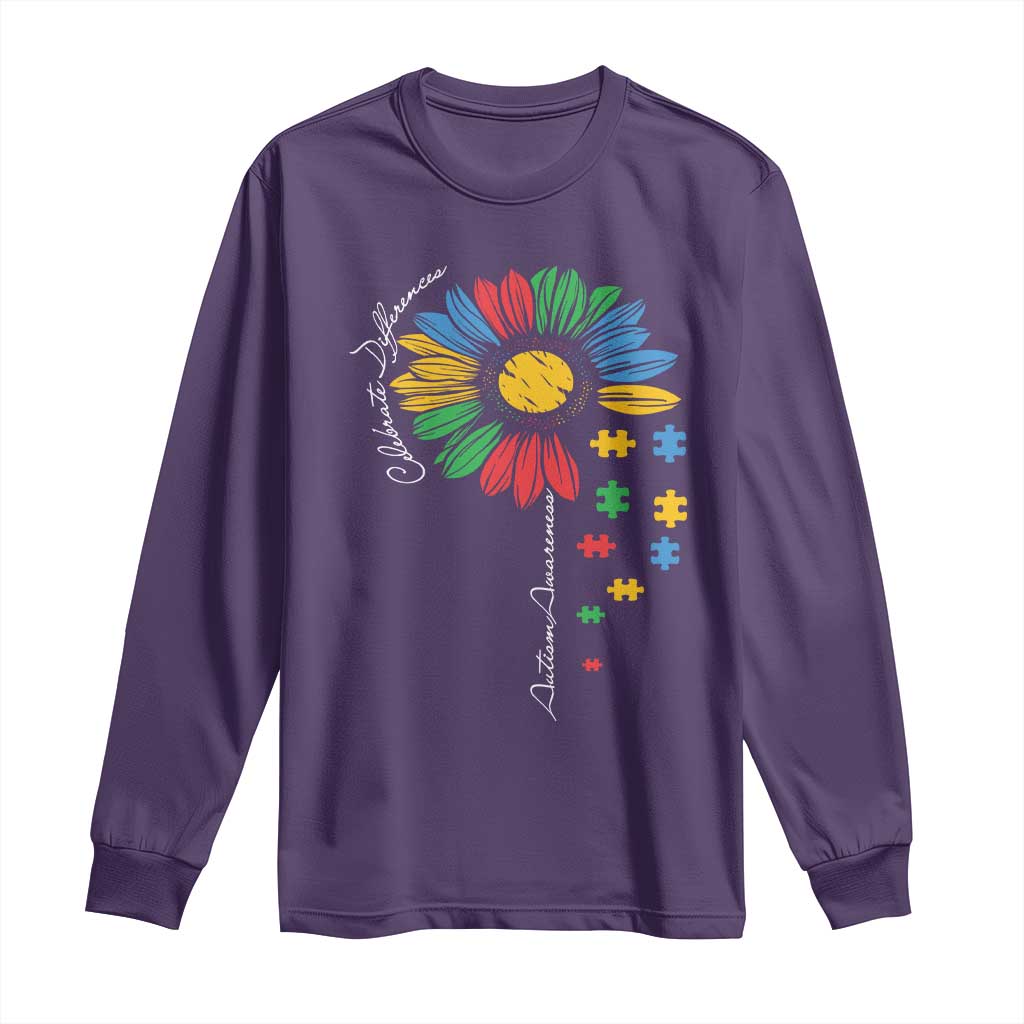 Autism Awareness Celebrate Differences Long Sleeve Shirt Sunflower Puzzle Pieces TS11 Purple Print Your Wear