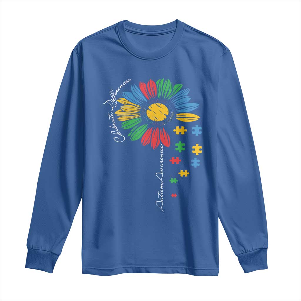 Autism Awareness Celebrate Differences Long Sleeve Shirt Sunflower Puzzle Pieces TS11 Royal Blue Print Your Wear