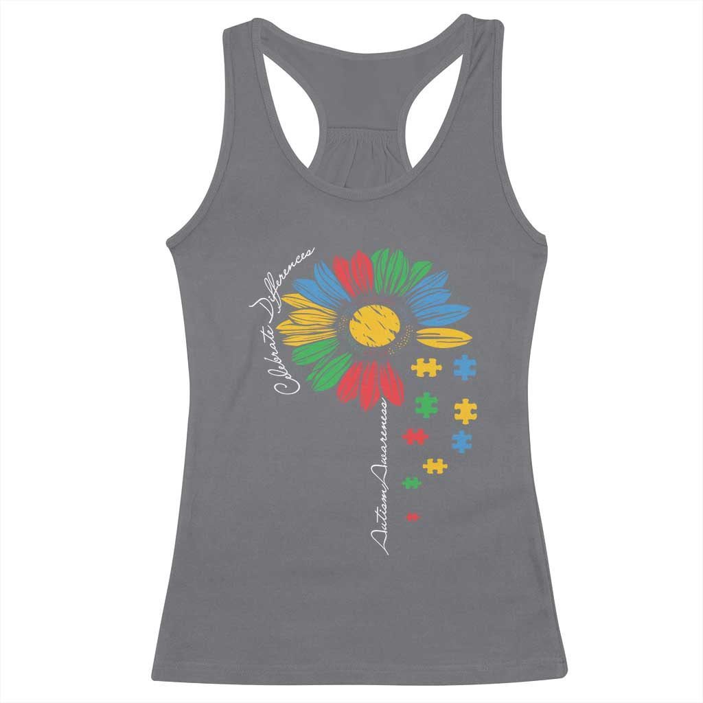 Autism Awareness Celebrate Differences Racerback Tank Top Sunflower Puzzle Pieces TS11 Charcoal Print Your Wear