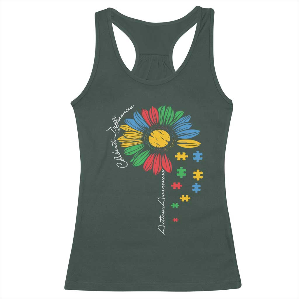 Autism Awareness Celebrate Differences Racerback Tank Top Sunflower Puzzle Pieces TS11 Dark Forest Green Print Your Wear