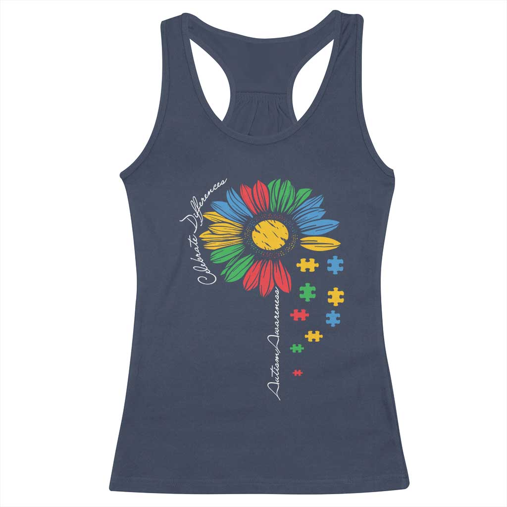 Autism Awareness Celebrate Differences Racerback Tank Top Sunflower Puzzle Pieces TS11 Navy Print Your Wear