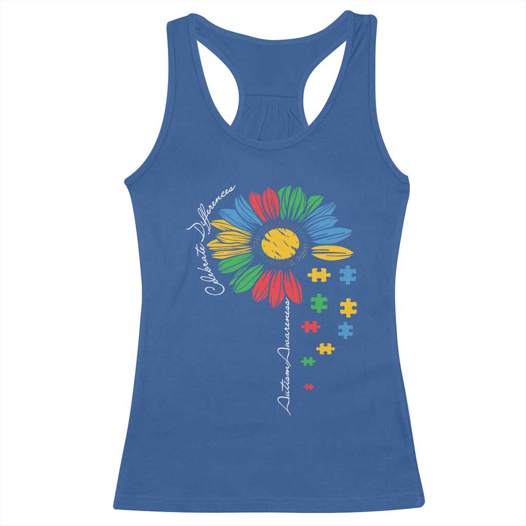 Autism Awareness Celebrate Differences Racerback Tank Top Sunflower Puzzle Pieces TS11 Royal Blue Print Your Wear