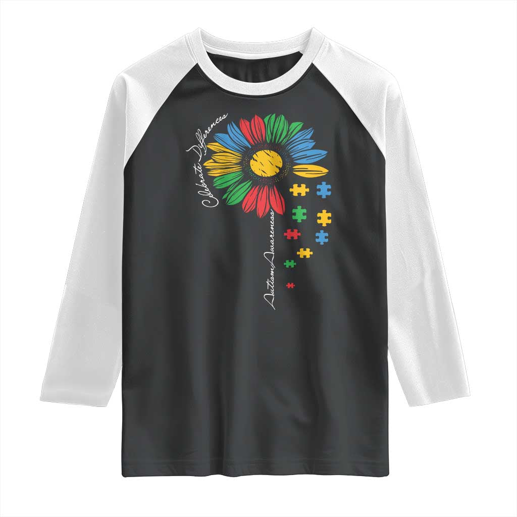 Autism Awareness Celebrate Differences Raglan Shirt Sunflower Puzzle Pieces TS11 Black White Print Your Wear