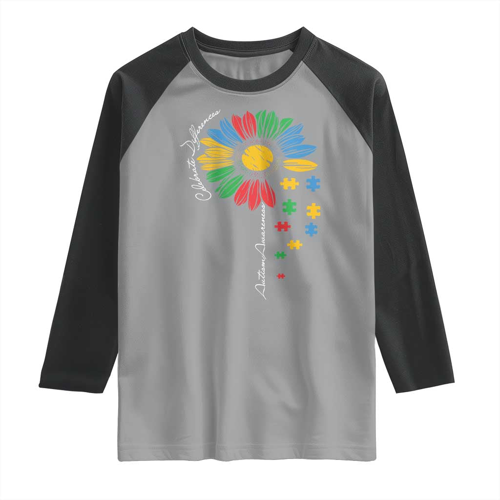 Autism Awareness Celebrate Differences Raglan Shirt Sunflower Puzzle Pieces TS11 Sport Gray Black Print Your Wear