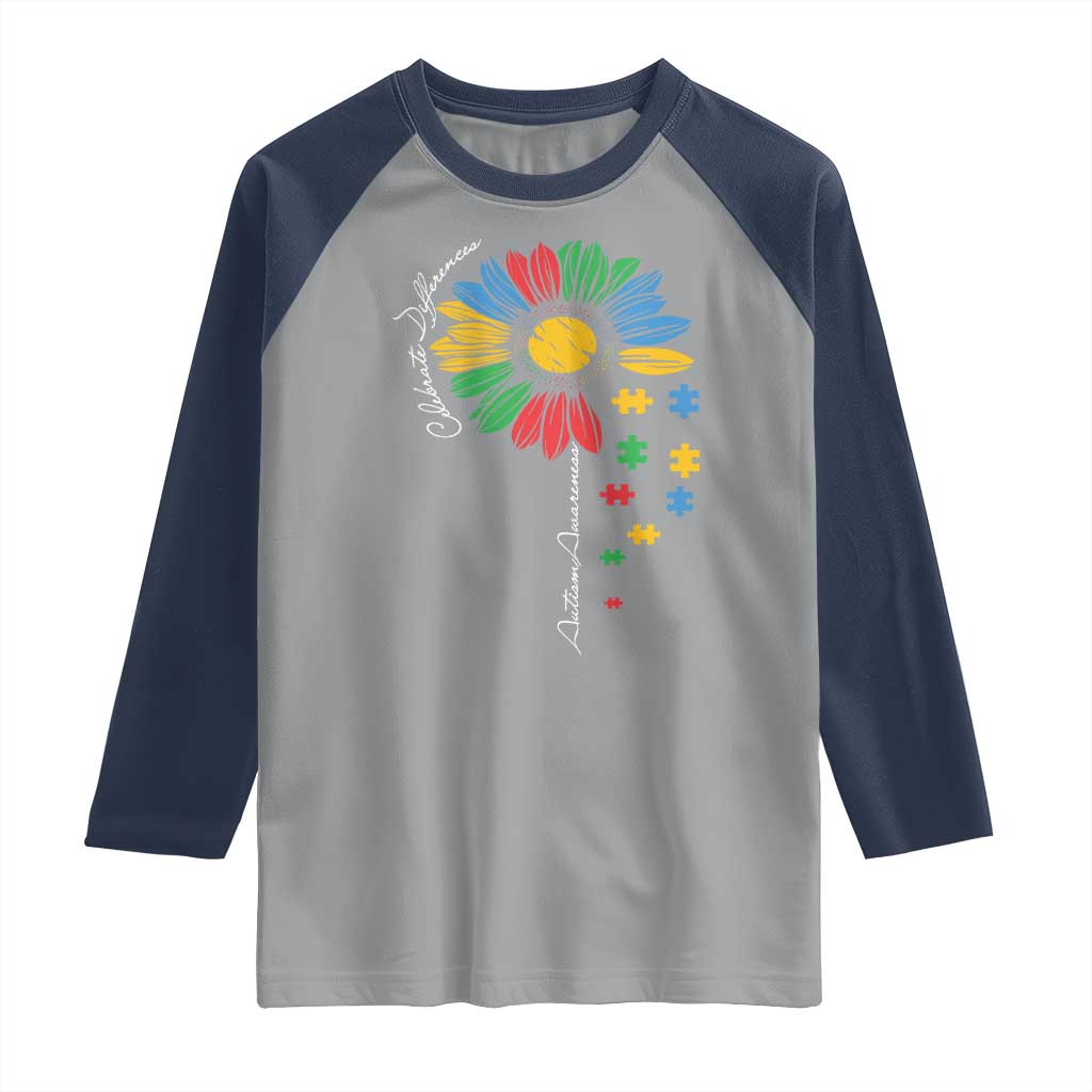 Autism Awareness Celebrate Differences Raglan Shirt Sunflower Puzzle Pieces TS11 Sport Gray Navy Print Your Wear