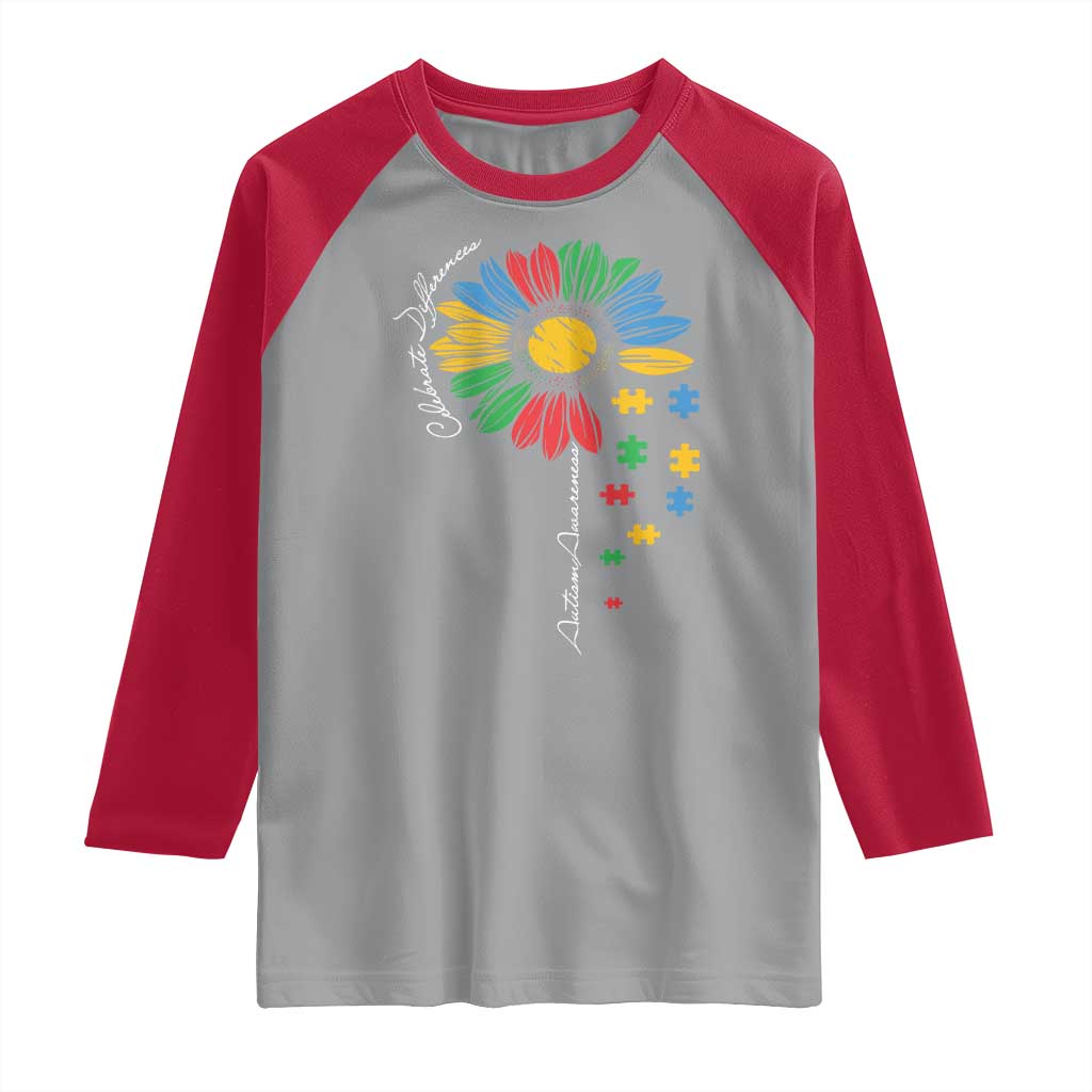 Autism Awareness Celebrate Differences Raglan Shirt Sunflower Puzzle Pieces TS11 Sport Gray Red Print Your Wear