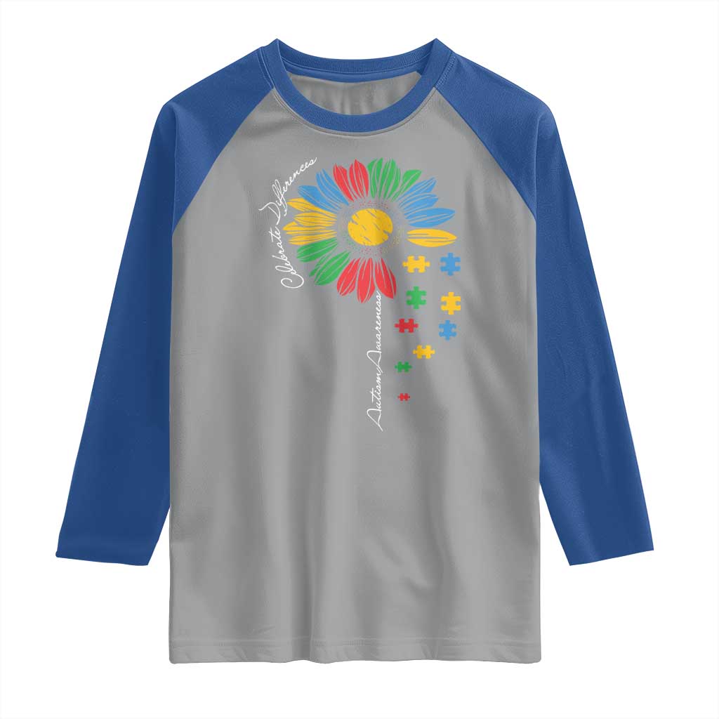 Autism Awareness Celebrate Differences Raglan Shirt Sunflower Puzzle Pieces TS11 Sport Gray Royal Print Your Wear