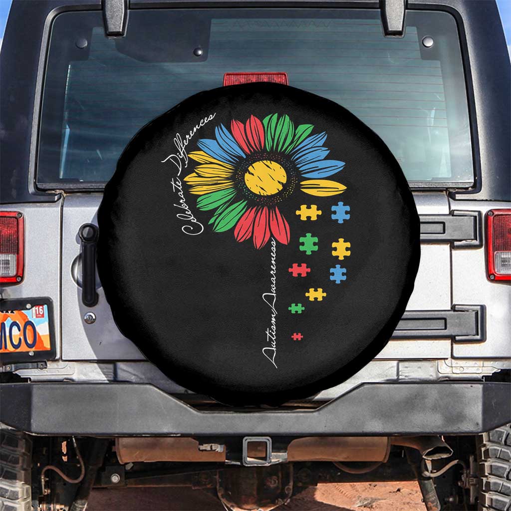 Autism Awareness Celebrate Differences Spare Tire Cover Sunflower Puzzle Pieces TS11 No hole Black Print Your Wear